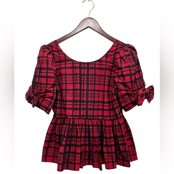 LoveShackFancy Keily Puff-Sleeve Peplum Top Blouse Moody Ruby Plaid Coquette 2 - Picture 4 of 11